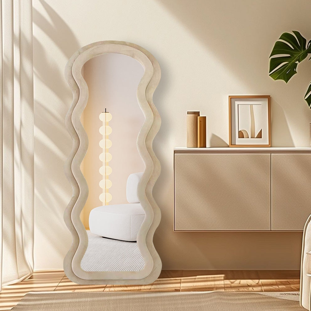 Modern Arched Wavy Velvet Full Length Mirror 160cm x 60cm Beige Wall Mirror