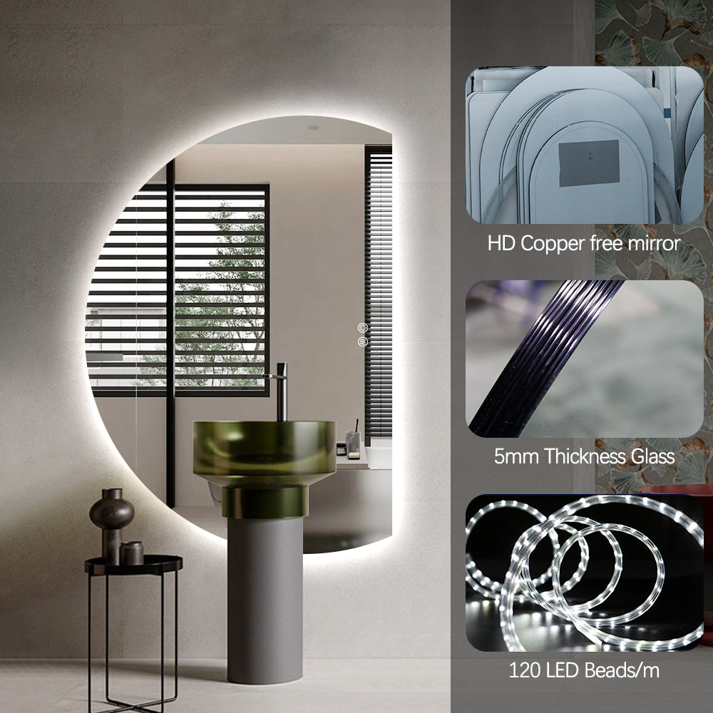 Right Cut Moon LED Mirror 91cm x 130cm Frameless Backlit Wall Mirror