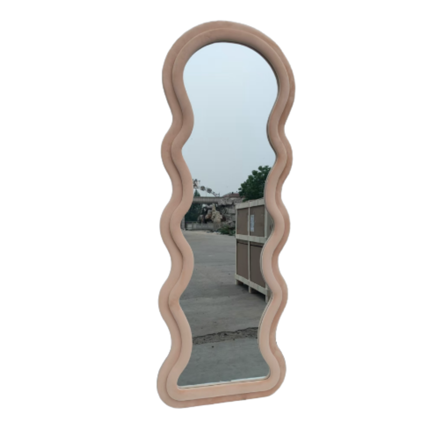 Modern Arched Wavy Velvet Full Length Mirror 160cm x 60cm Beige Wall Mirror
