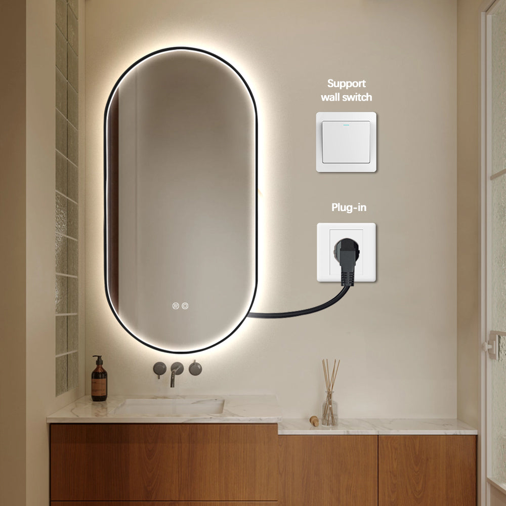 Oval LED Bathroom Mirror 50cm x 100cm Frontlit Black Frame  Defogger Dimmable