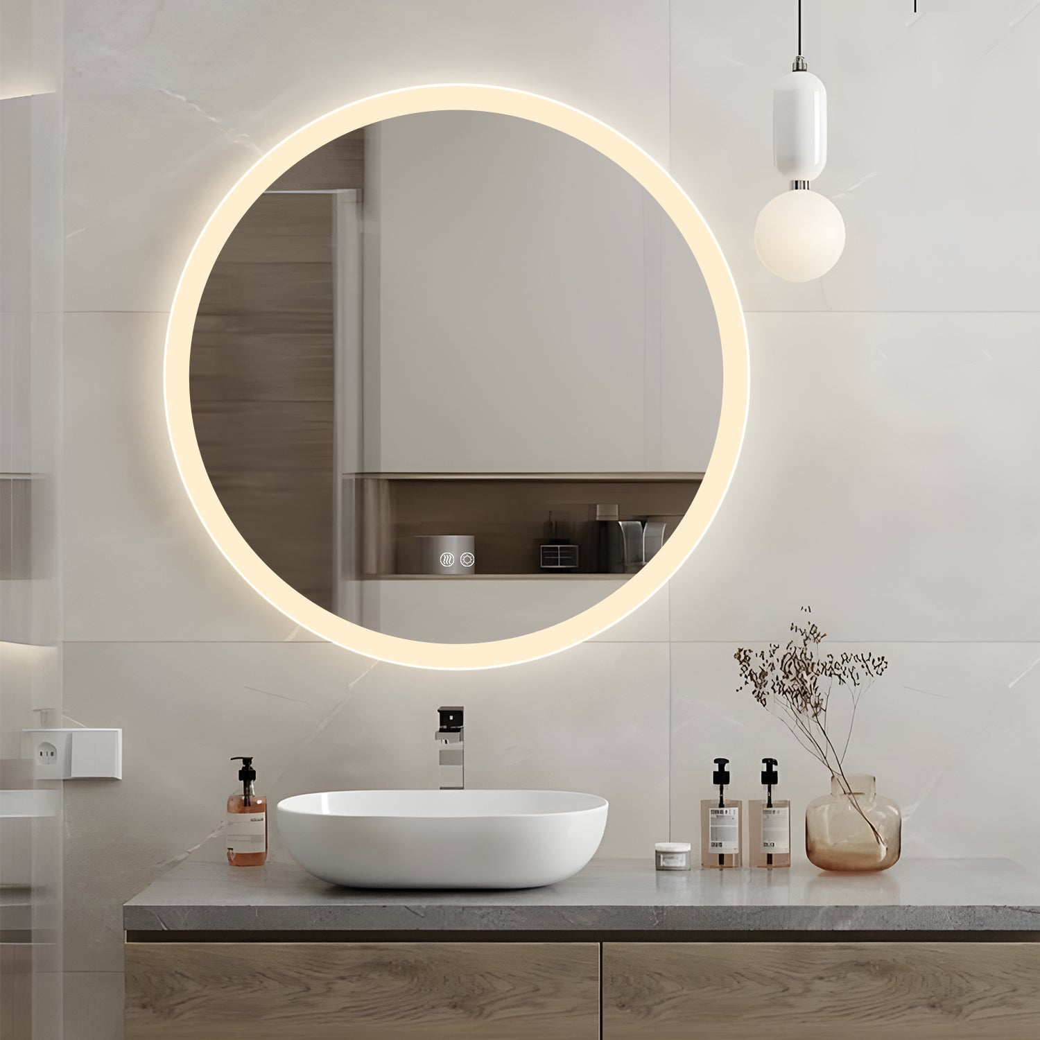 Round LED Mirror 90cm Frosted Defogger Dimmable 30mm Strip