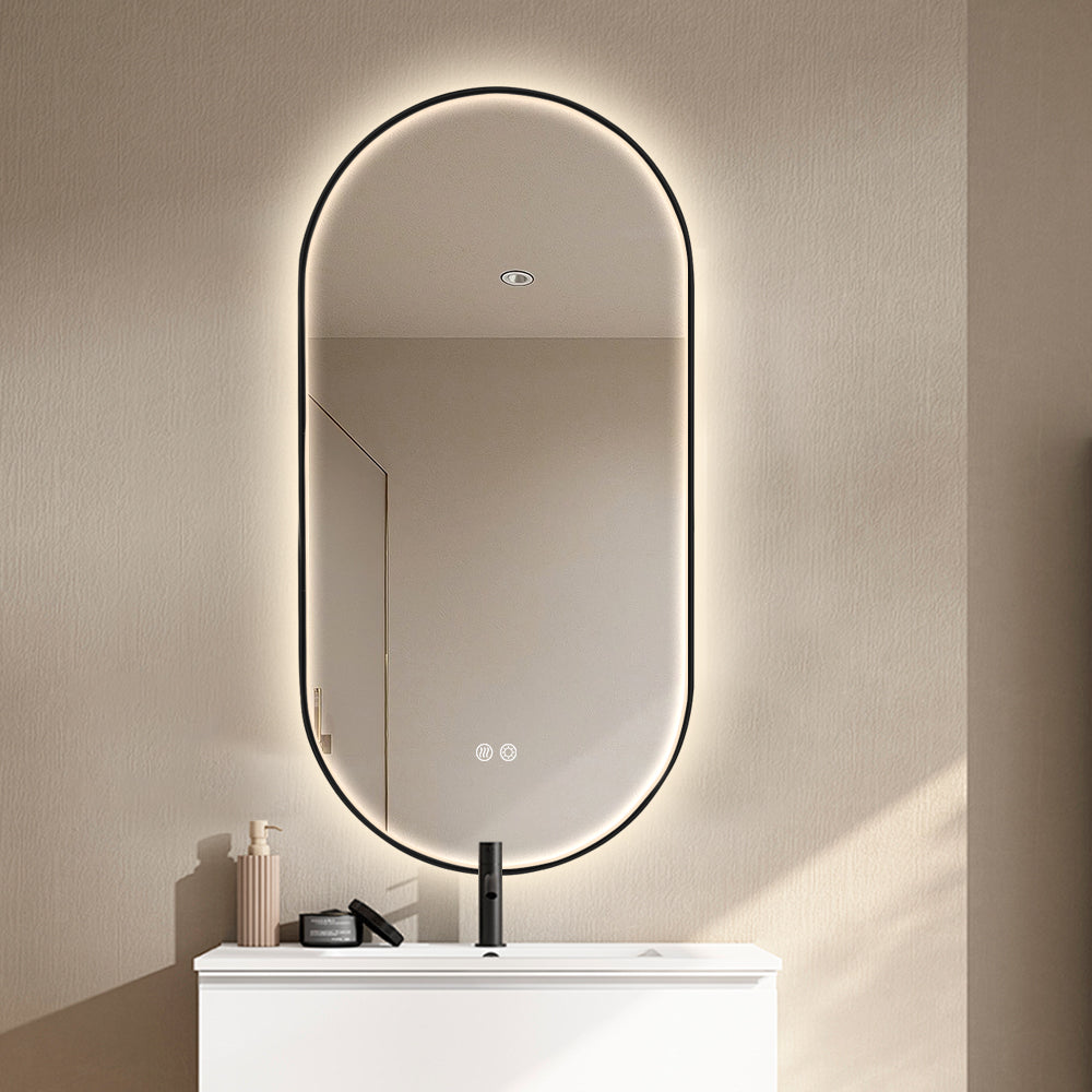 Oval LED Bathroom Mirror 50cm x 100cm Frontlit Black Frame  Defogger Dimmable