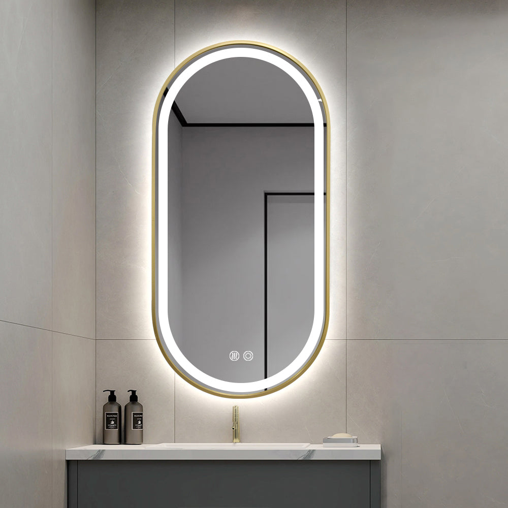 Gold Oval LED Bathroom 130cm x 70cm Frosted Edge Defogger Dimmable Wall Mirror