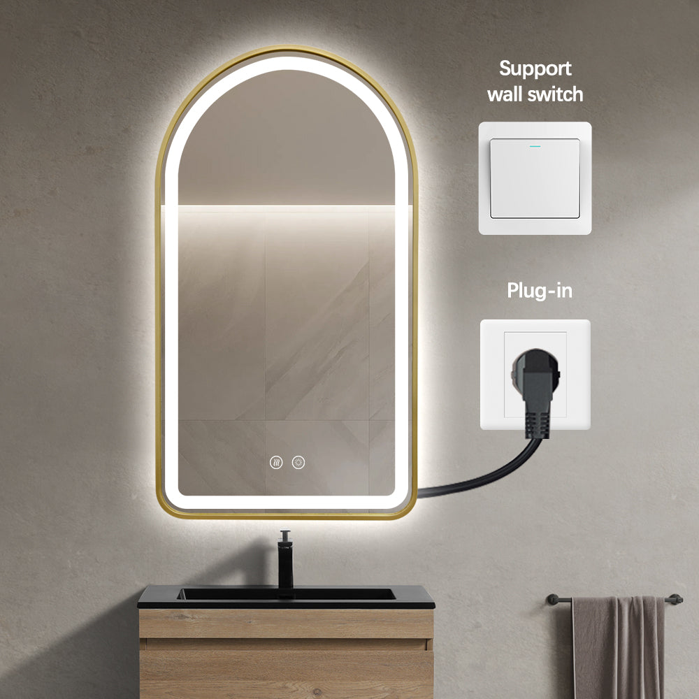 Arched LED Gold Frame Wall Mirror 130cm x 70cm Frosted Defogger Dimmable Vanity