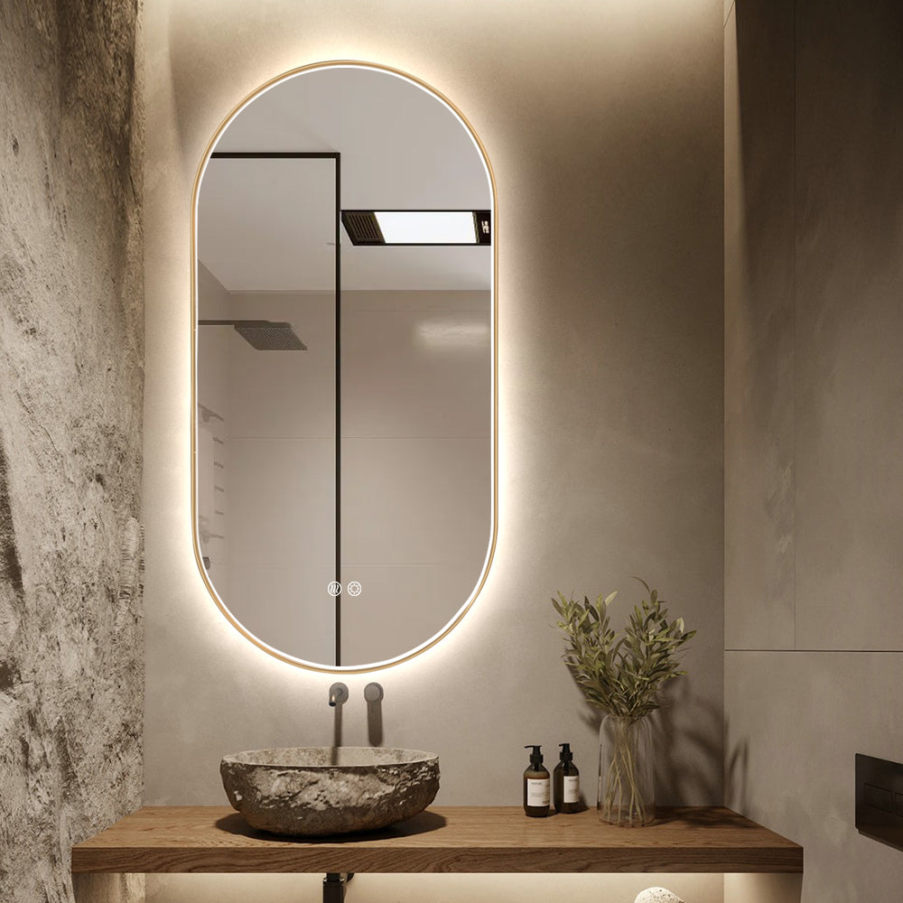Oval LED Bathroom Mirror 50cm x 100cm Frontlit Gold Frame  Defogger Dimmable
