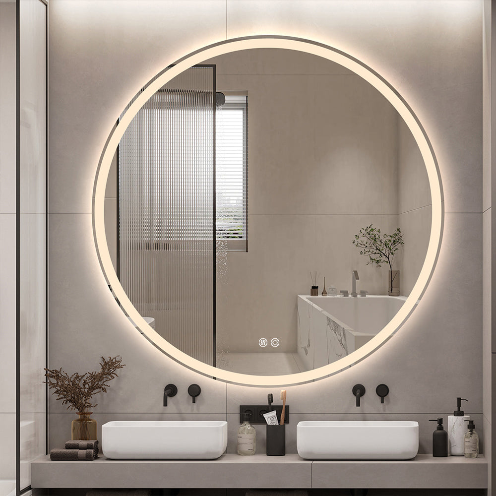 Round LED Mirror 90cm Frosted Defogger Dimmable 25mm Strip