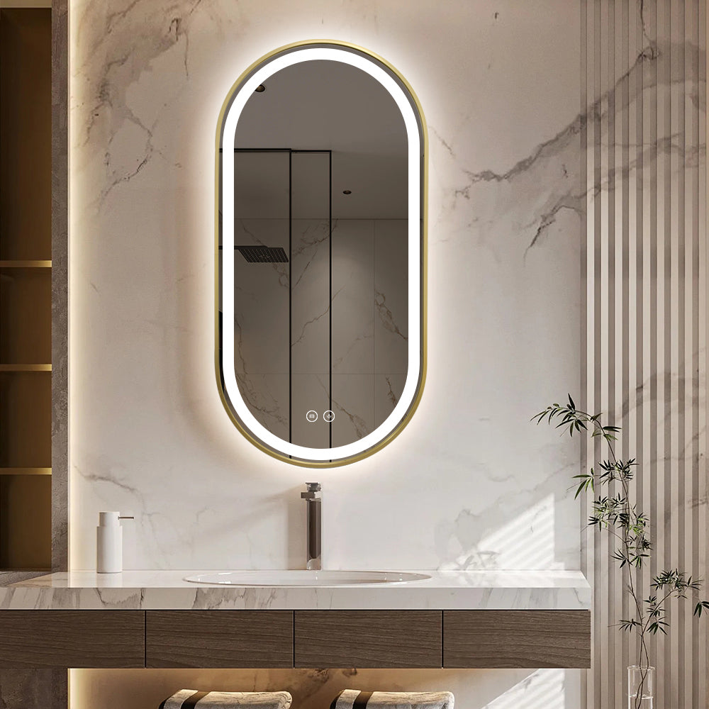 Gold Oval LED Bathroom 130cm x 70cm Frosted Edge Defogger Dimmable Wall Mirror