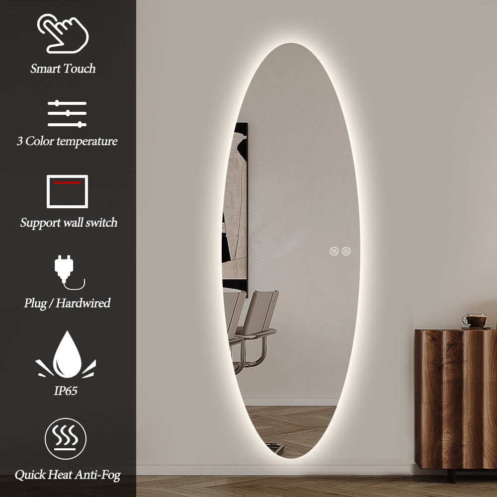 Modern Oval Glow LED Mirror 50cm × 150cm Frameless Tricolour Dimmable Wall Mounted Mirror
