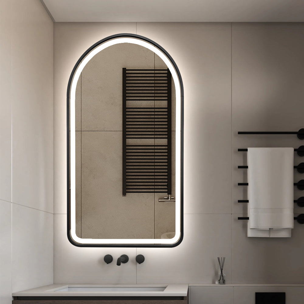 Arched LED Black Frame Wall Mirror 90cm x 50cm Frosted Dimmable Vanity Defogger