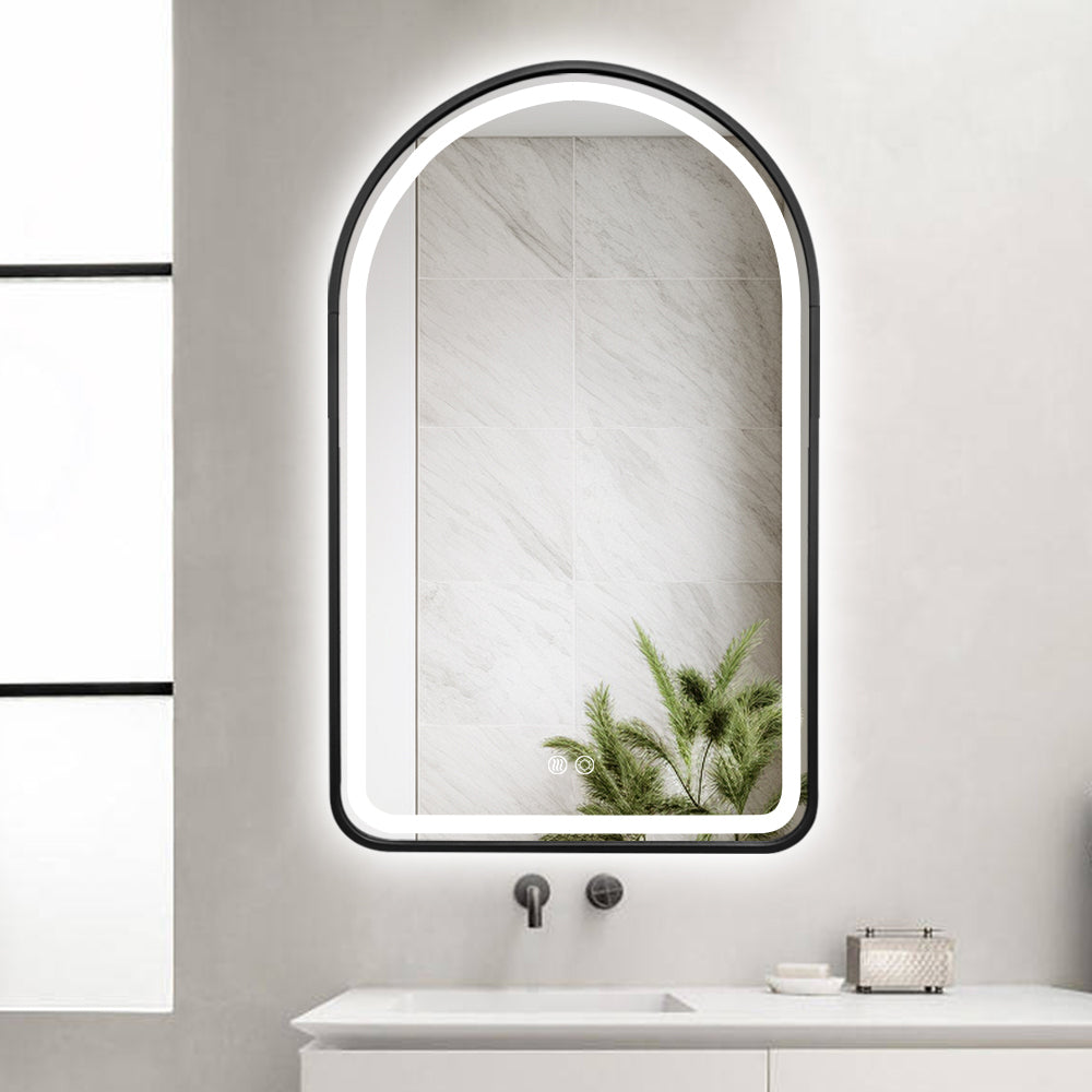 Arched LED Black Frame Wall Mirror 100cm x 75cm Frosted Dimmable Vanity Defogger