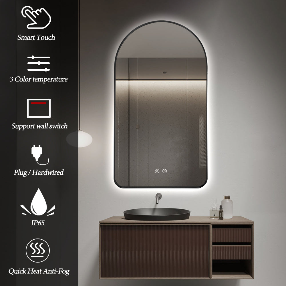 Arched LED Wall Mirror 130cm x 70cm Black Bevel Frame Backlit Dimmable Defogger
