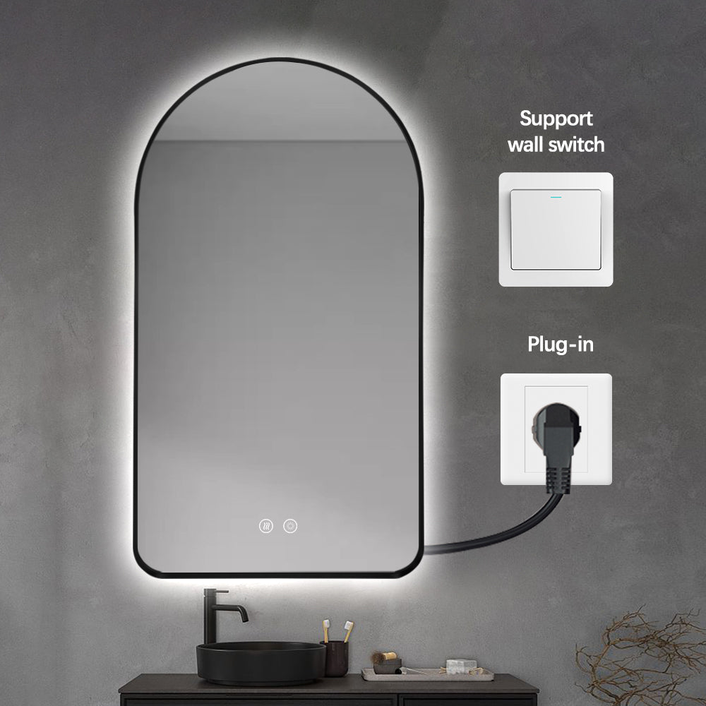 Arched LED Wall Mirror 130cm x 70cm Black Bevel Frame Backlit Dimmable Defogger