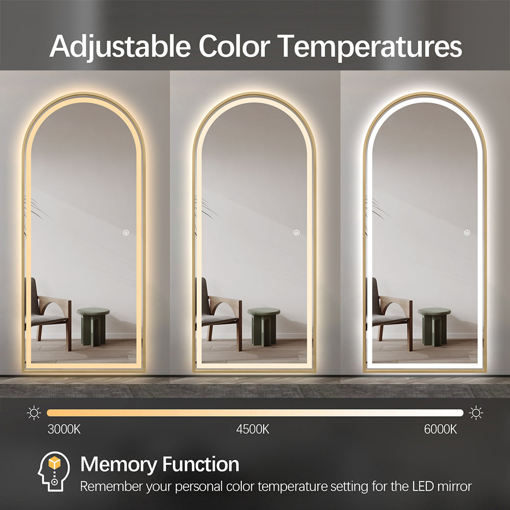 Full Length Arched LED Mirror 180cm x 80cm Freestanding Wall Mounted Gold Frame Dimmable