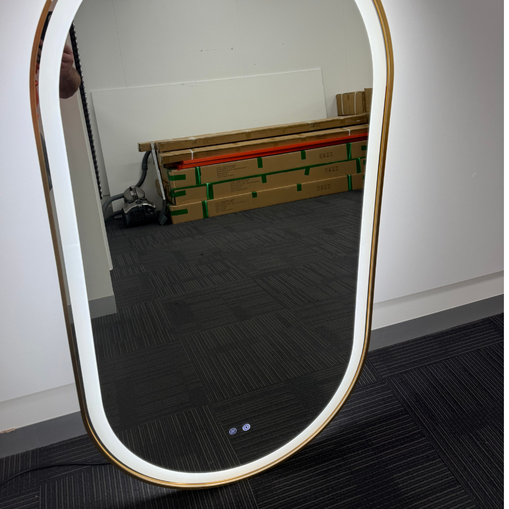 Gold Oval LED Bathroom 130cm x 70cm Frosted Edge Defogger Dimmable Wall Mirror