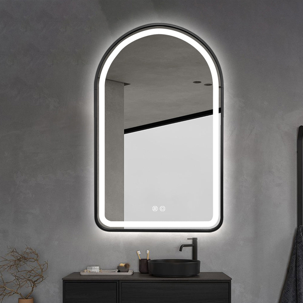 Arched LED Black Frame Wall Mirror 130cm x 70cm Frosted Dimmable Vanity Defogger