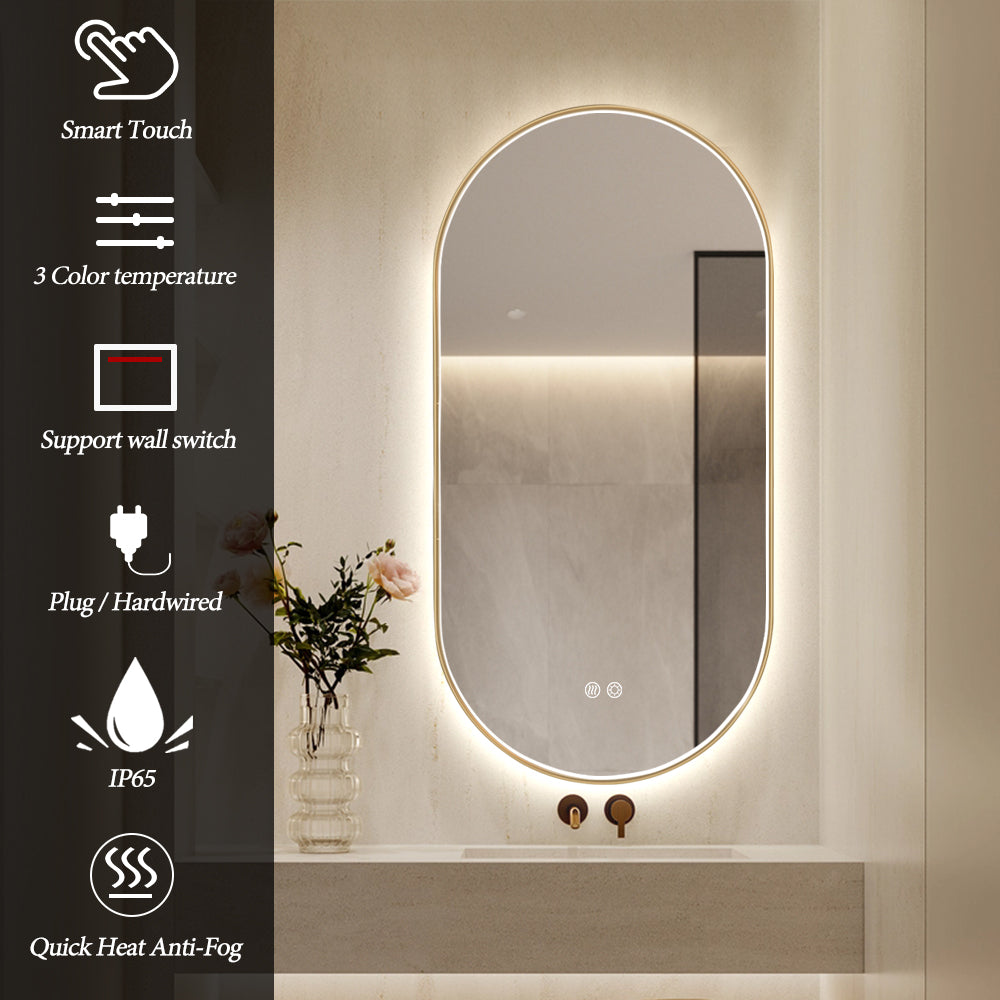 Oval LED Bathroom Mirror 50cm x 100cm Frontlit Gold Frame  Defogger Dimmable