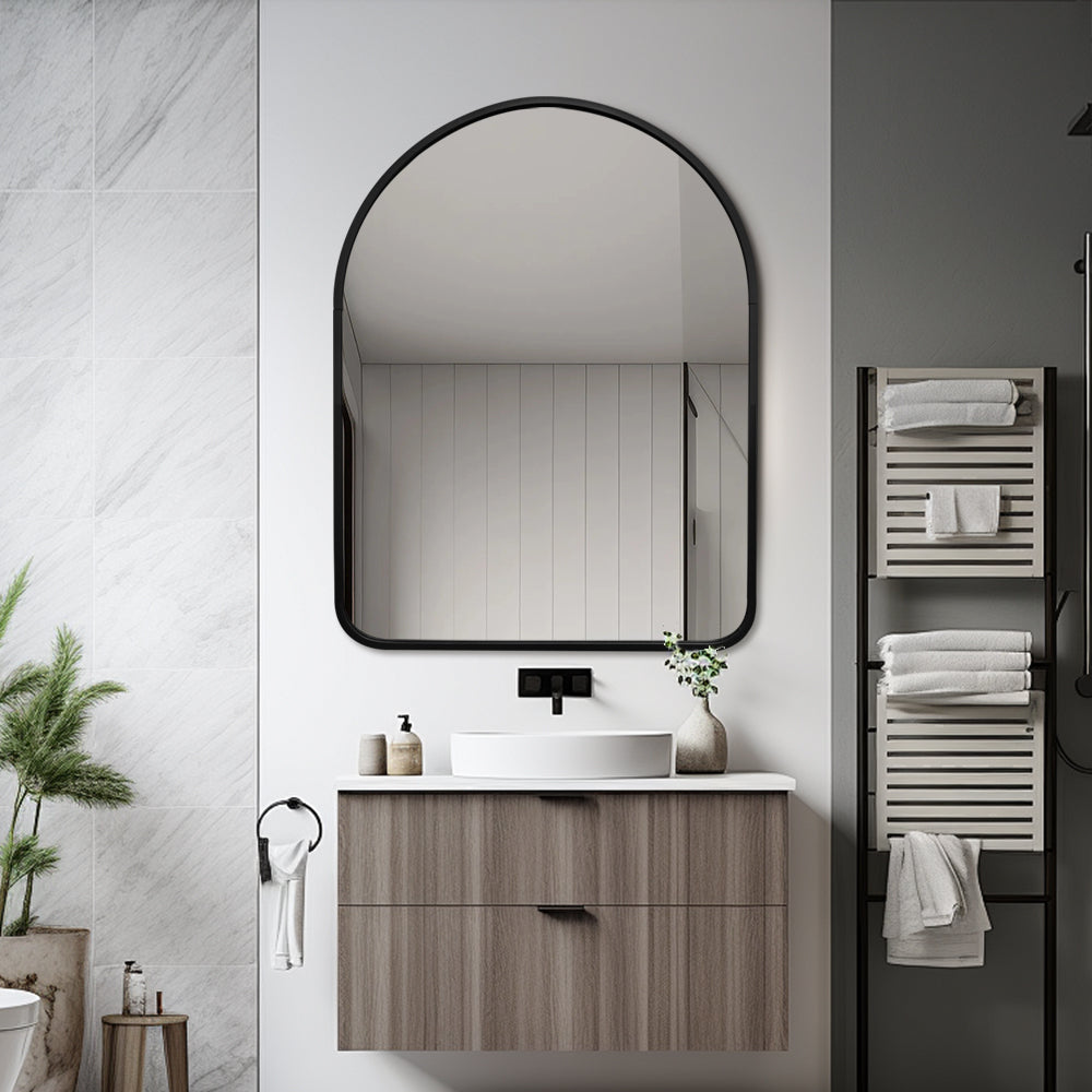 Arched Wall Mirror 80cm x 100cm Black Aluminium Frame Modern Decorative
