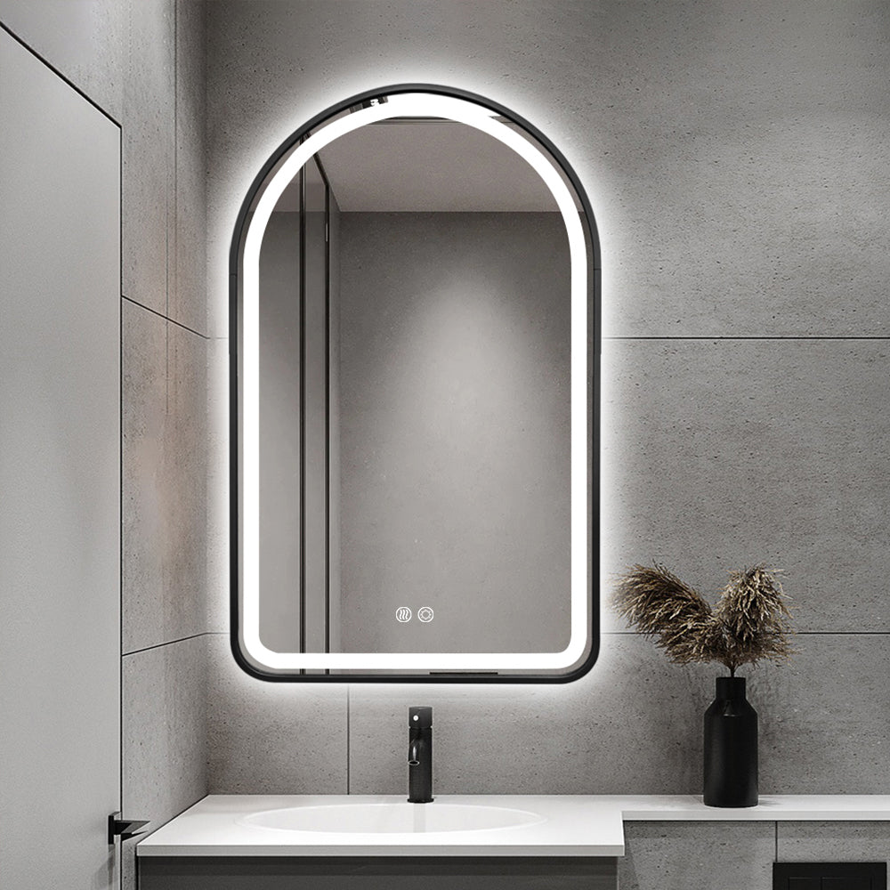Arched LED Black Frame Wall Mirror 100cm x 75cm Frosted Dimmable Vanity Defogger