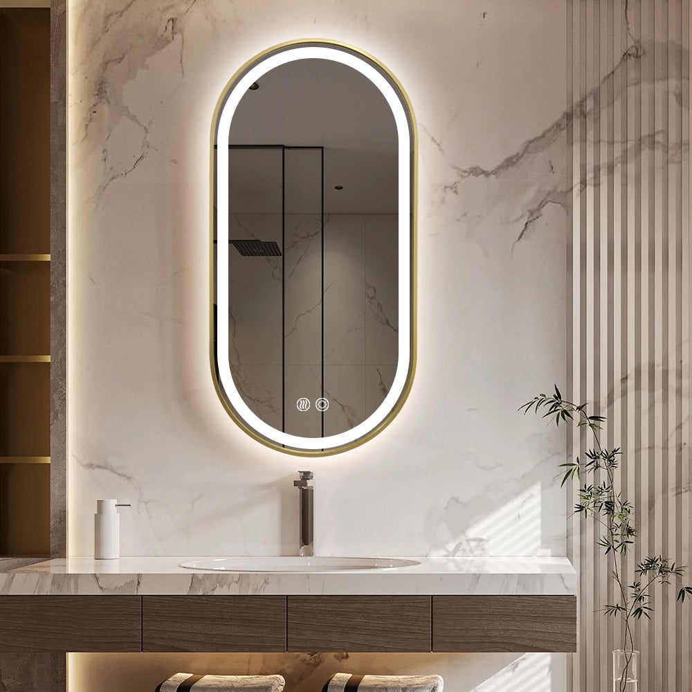 Gold Oval LED Bathroom 130cm x 70cm Frosted Edge Defogger Dimmable Wall Mirror