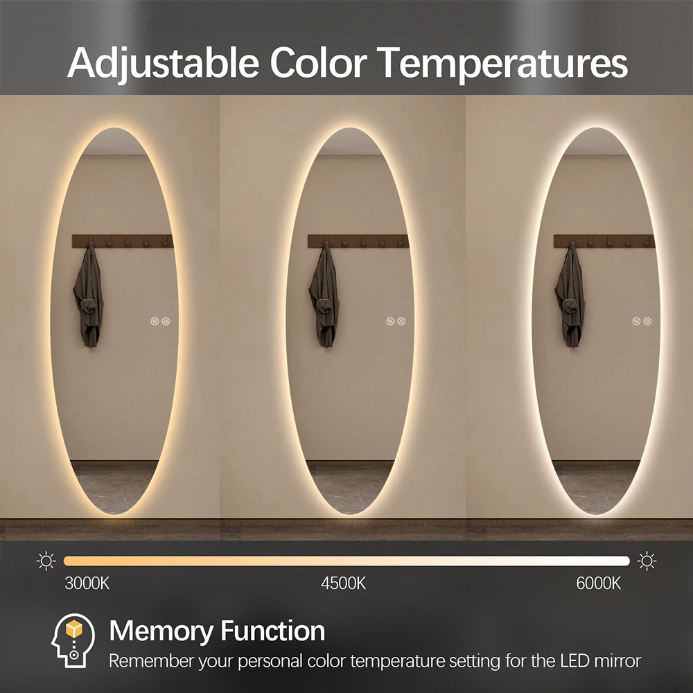 Modern Oval Glow LED Mirror 50cm × 150cm Frameless Tricolour Dimmable Wall Mounted Mirror