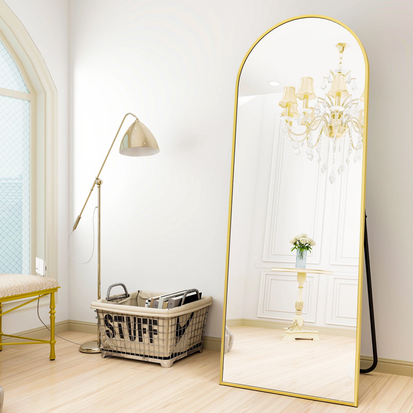 Rose Gold Arched Full Length Mirror 40cm x 150cm Minimalist Floor Mirror with Aluminium Frame
