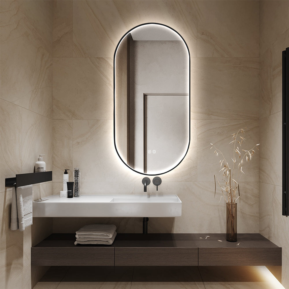 Oval LED Bathroom Mirror 50cm x 100cm Frontlit Black Frame  Defogger Dimmable