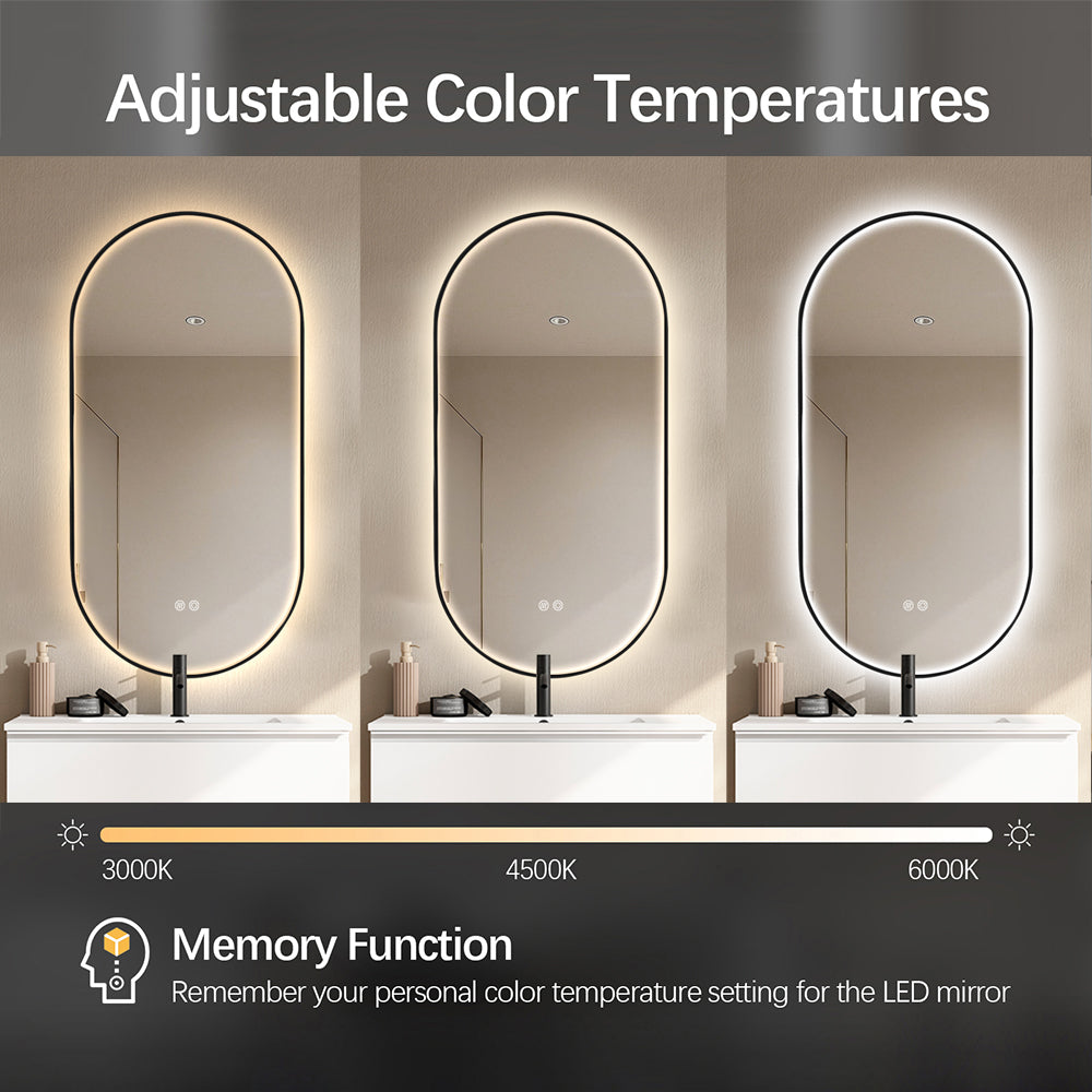 Oval LED Bathroom Mirror 50cm x 100cm Frontlit Black Frame  Defogger Dimmable