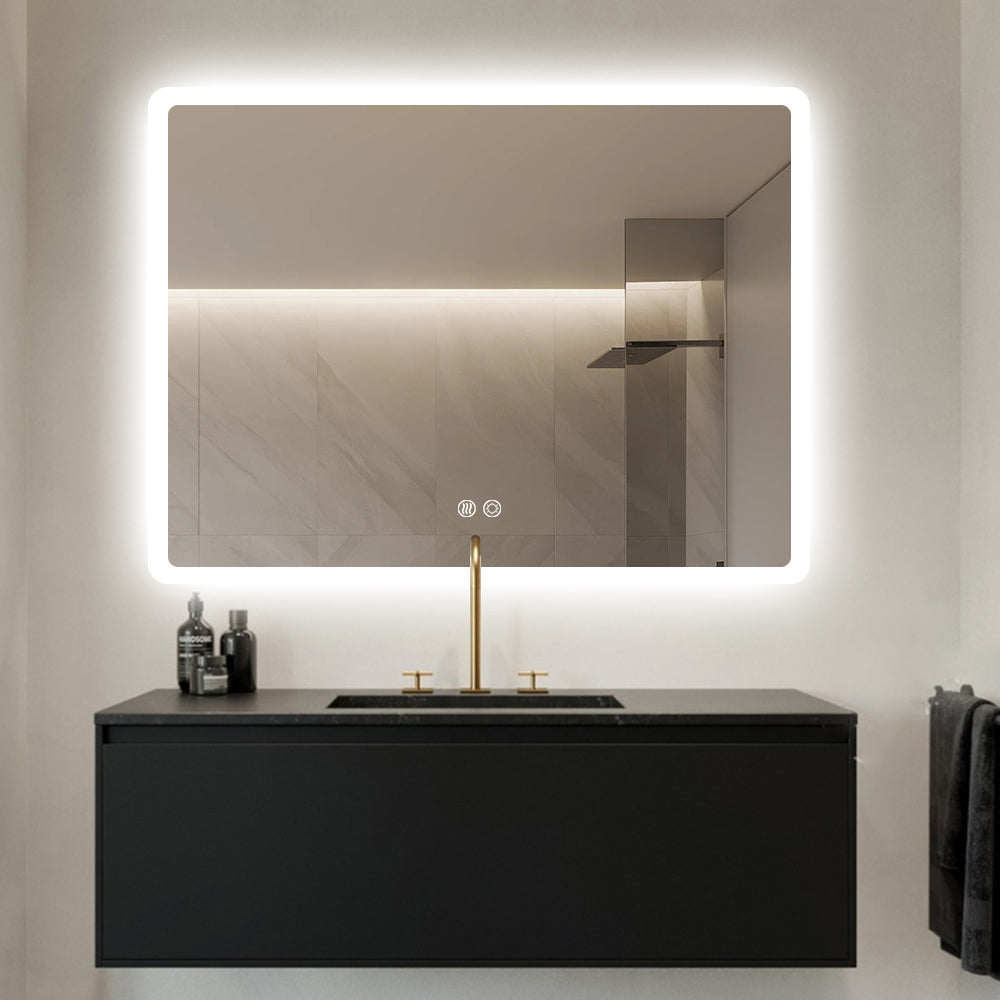 Rectangular LED Mirror 100cm  x 75cm Frameless Frosted Wall Mounted Bathroom Defogger Dimmable Touch Sensor