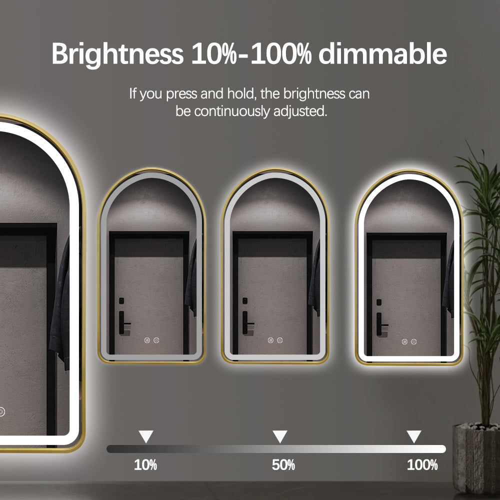 Arched LED Gold Frame Wall Mirror 130cm x 70cm Frosted Defogger Dimmable Vanity