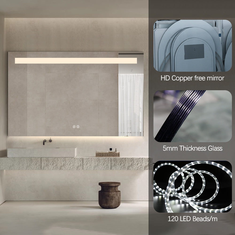 Rectangular LED Bathroom Mirror 75cm x 120cm Frameless Frosted Frontlit Top Strip