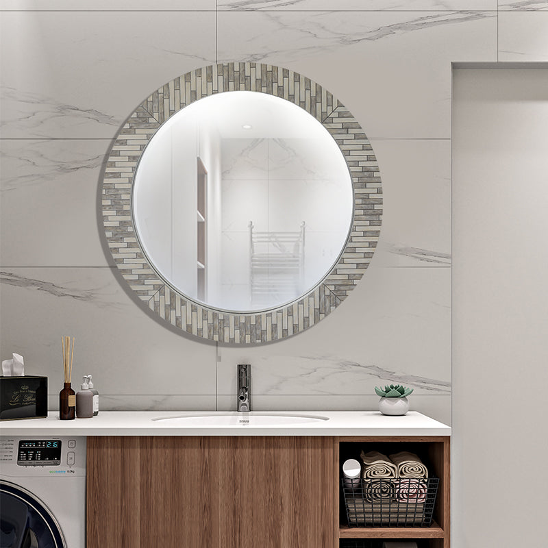 Round Zebra Mosaic Mirror 60cm Grey Wall Mount MDF Frame Modern Accent