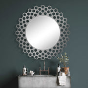 Round Decor Mirror 91cm Metal Frame Brushed Silver