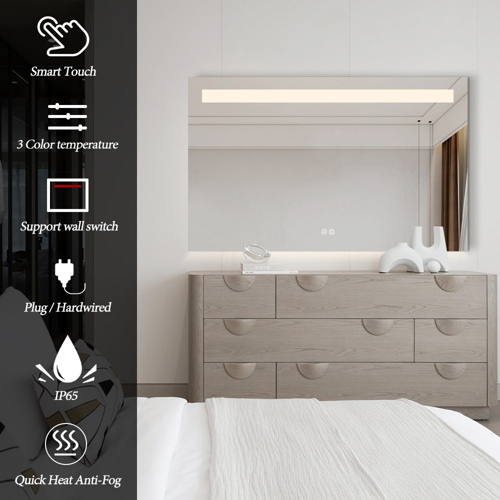 Rectangular LED Bathroom Mirror 60cm x 80cm Frameless Frosted Frontlit Top Strip