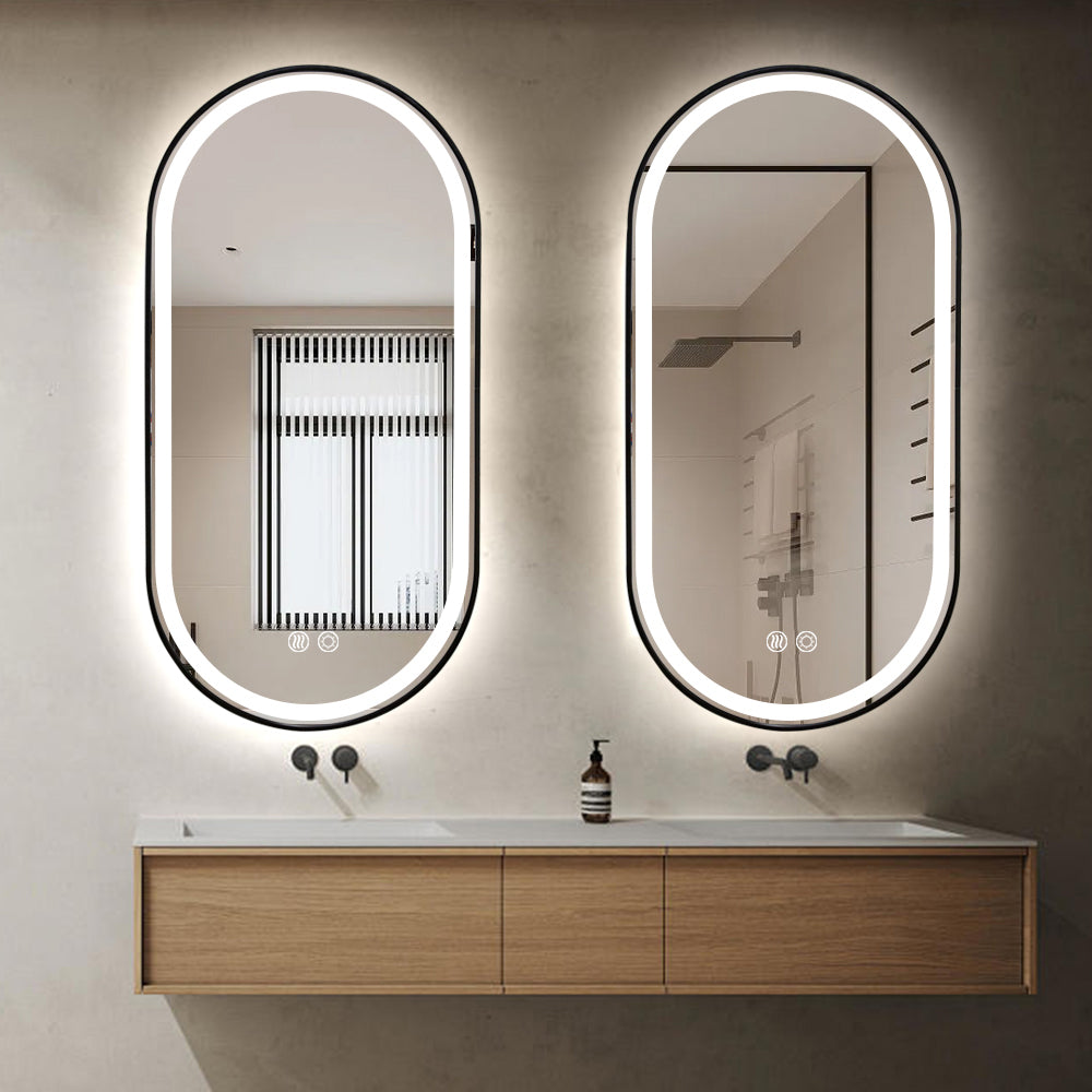Black Oval LED Bathroom 90cm x 45cm Frosted Edge Defogger Dimmable Vanity Wall Mirror