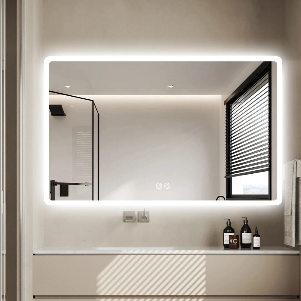 Rectangular LED Mirror 100cm  x 75cm Frameless Frosted Wall Mounted Bathroom Defogger Dimmable Touch Sensor