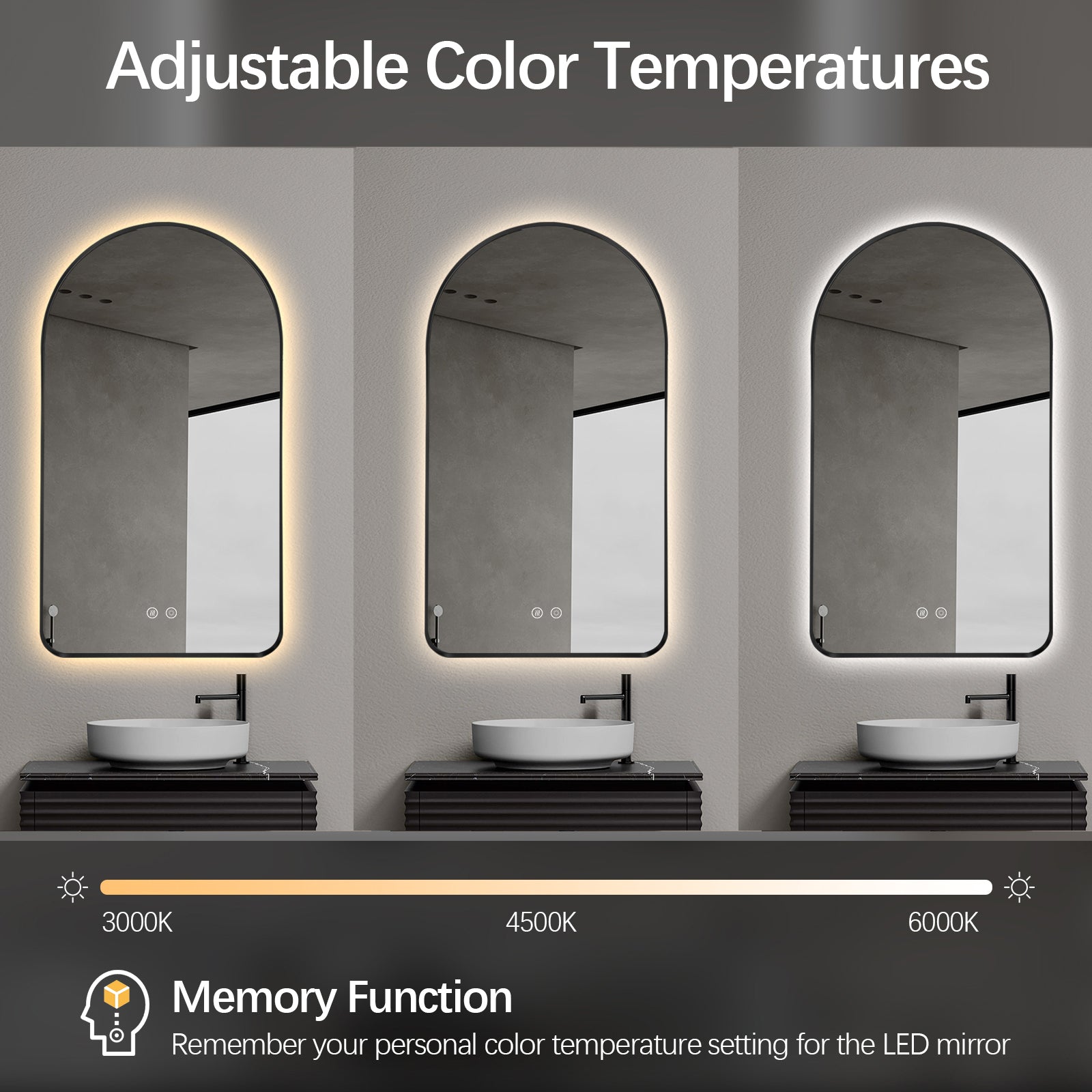 Arched LED Wall Mirror 90cm x 50cm Black Bevel Frame Backlit Dimmable Defogger
