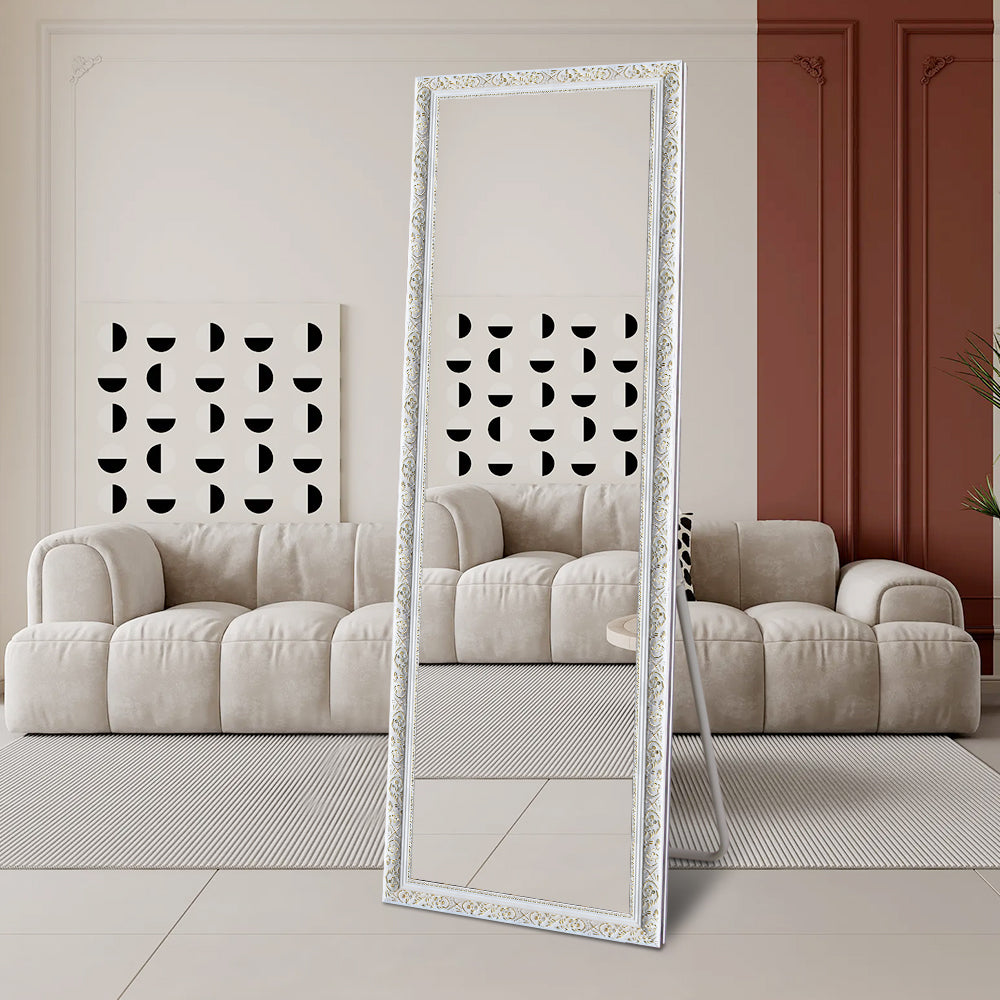 Contemporary White Wood Rectangular Full Length Mirror with Gold Accent 50cm × 150cm Freestanding Decorative Mirror