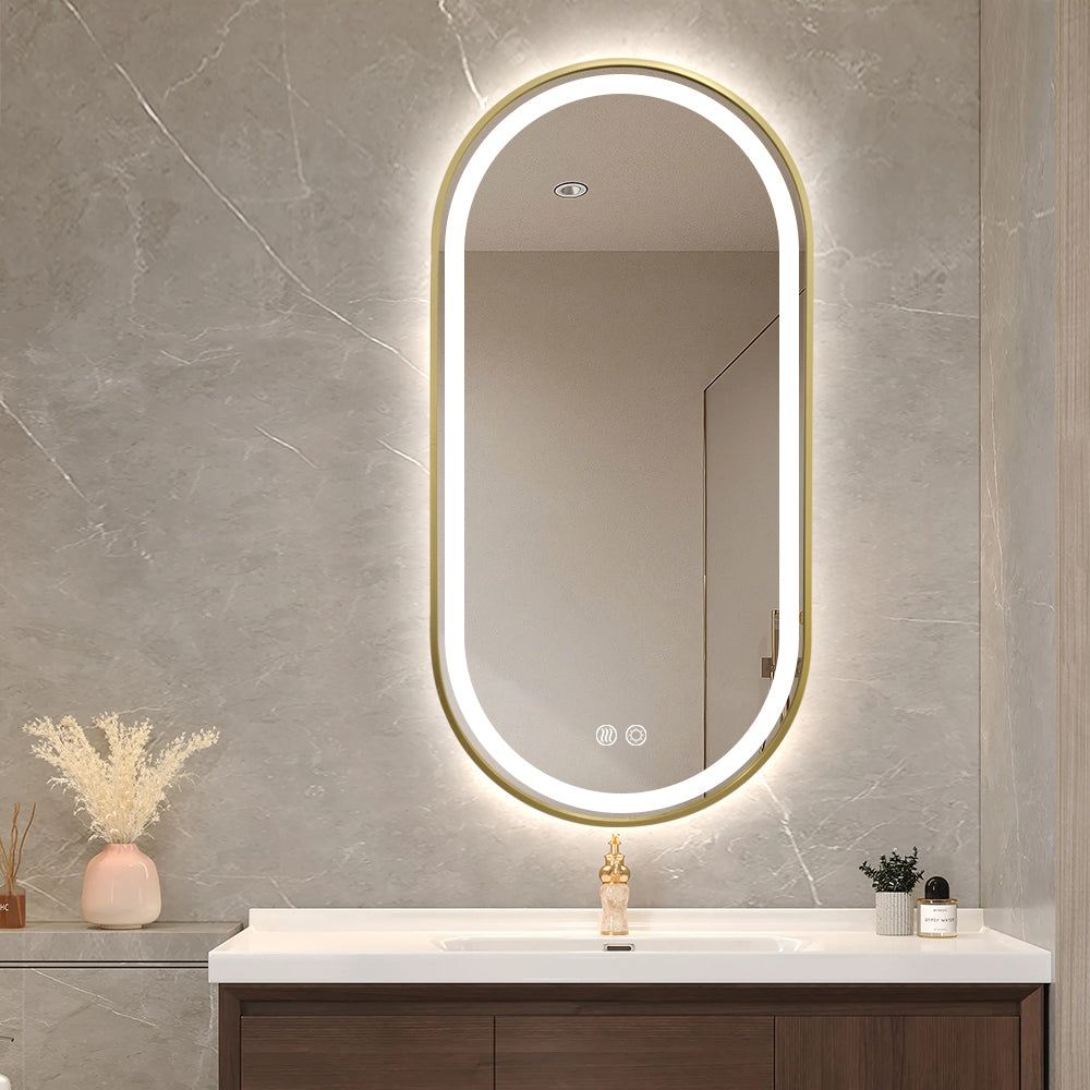 Gold Oval LED Bathroom 130cm x 70cm Frosted Edge Defogger Dimmable Wall Mirror