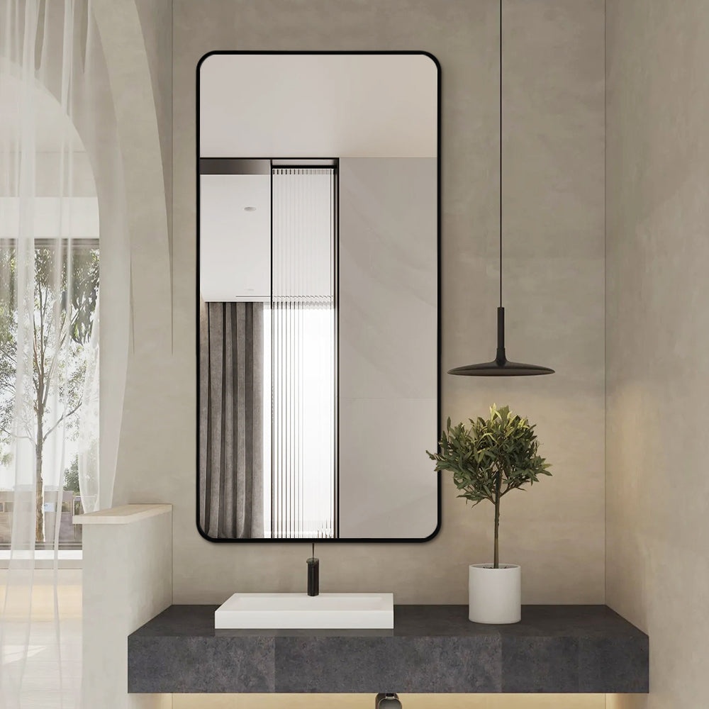 Long Rounded Modern Rectangular Wall Mirror 60cm x 120cm Black Aluminium Alloy Frame