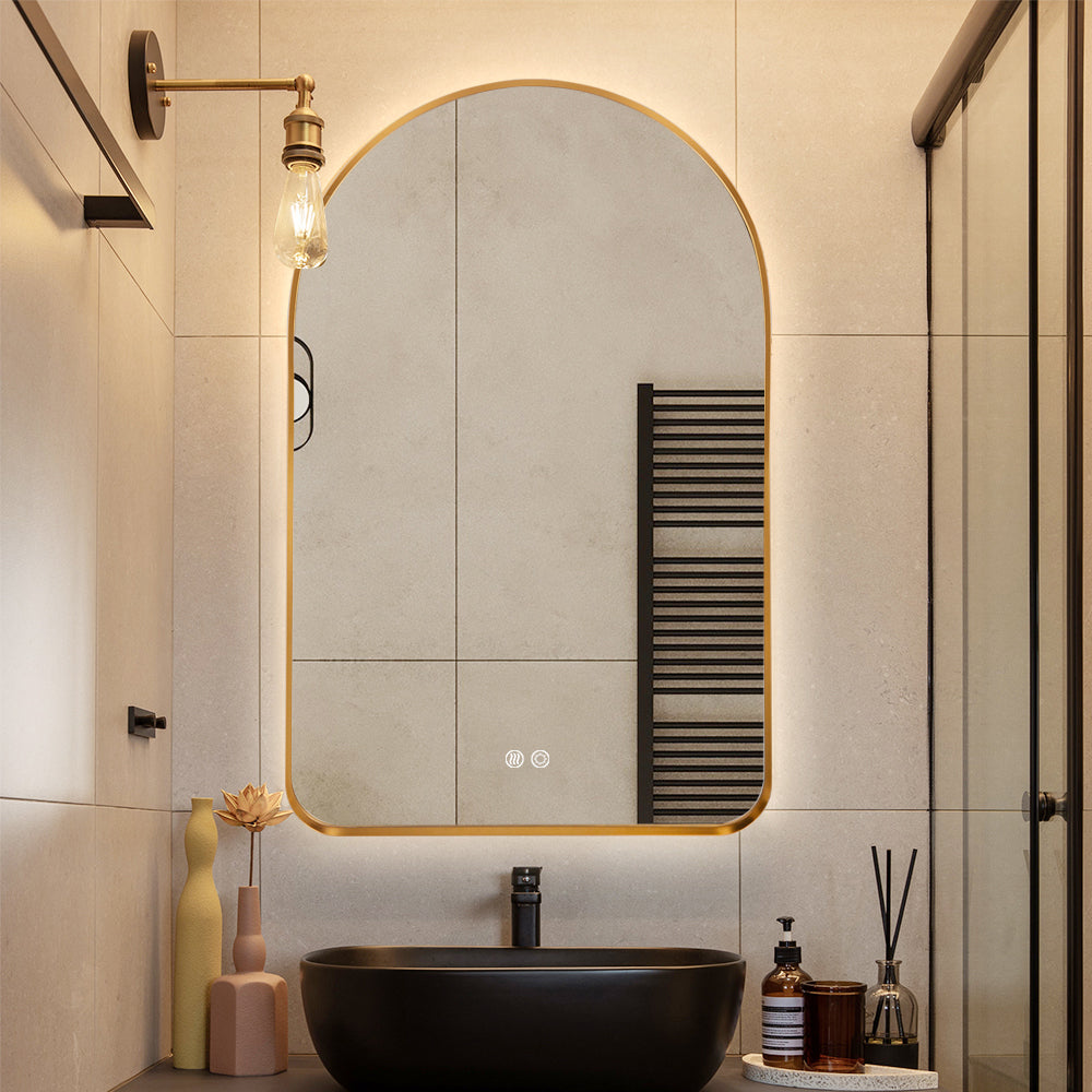 Arched LED Wall Mirror 130cm x 70cm Gold Bevel Frame Backlit Dimmable Defogger