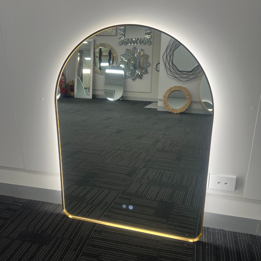 Arched LED Wall Mirror 90cm x 50cm Gold Bevel Frame Backlit Dimmable Defogger