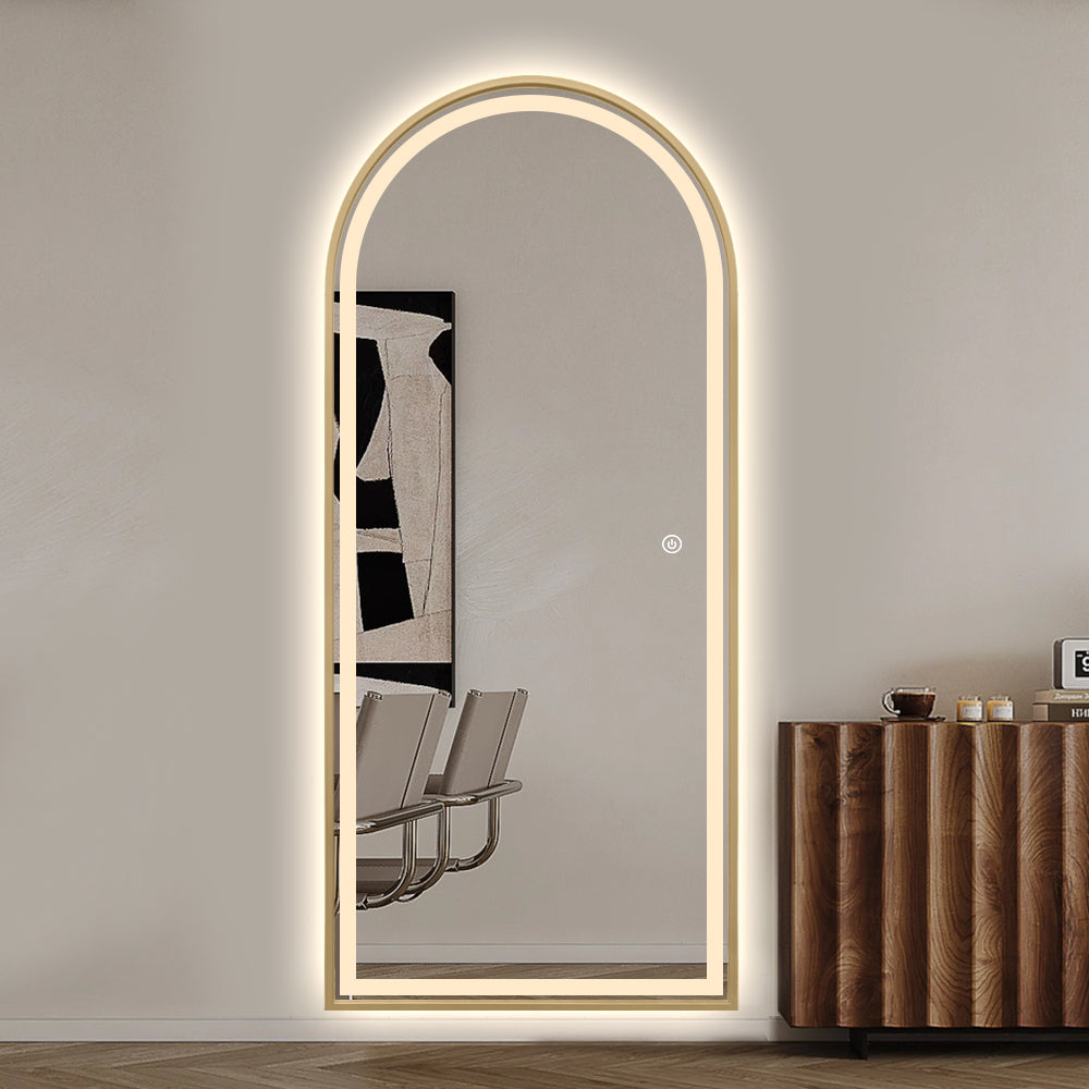 Full Length Arched LED Mirror 180cm x 80cm Freestanding Wall Mounted Gold Frame Dimmable