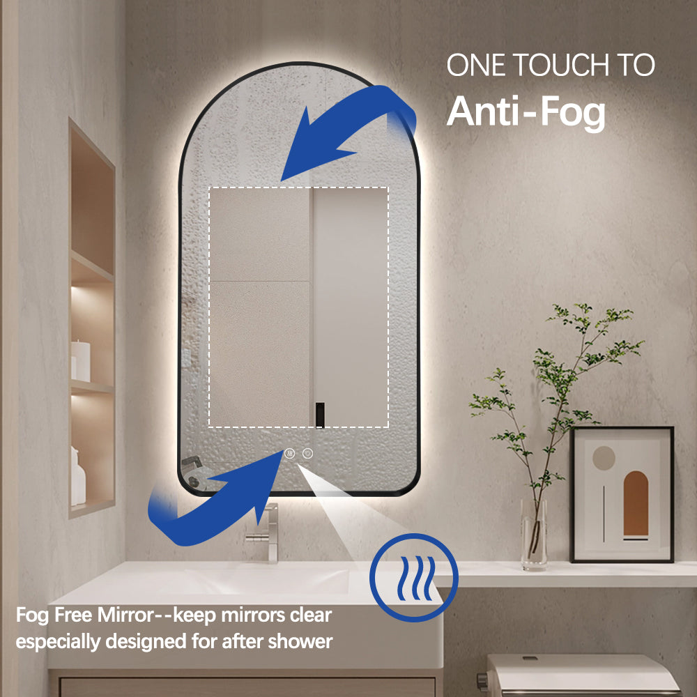 Arched LED Wall Mirror 100cm x 75cm Black Bevel Frame Backlit Dimmable Defogger