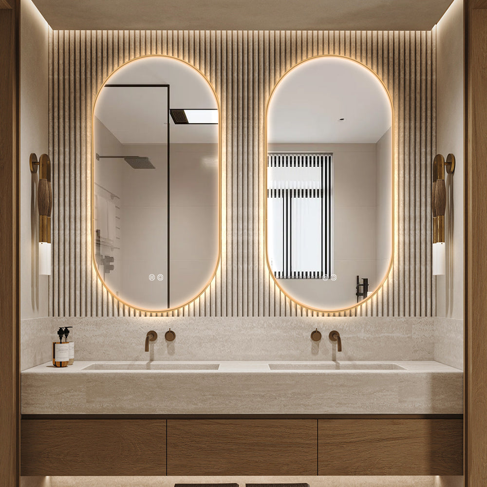Oval LED Bathroom Mirror 50cm x 100cm Frontlit Gold Frame  Defogger Dimmable