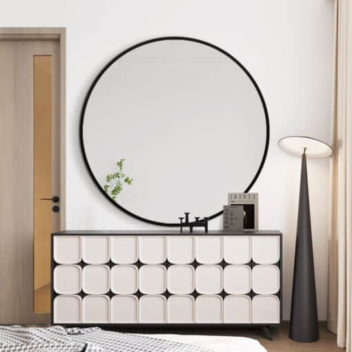 Round Solid Wood Wall Mirror 100cm Black Frame Decorative Living Room Accent - Image 2