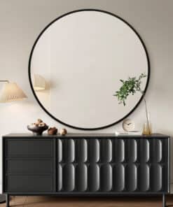 Round Solid Wood Wall Mirror 100cm Black Frame Decorative Living Room Accent