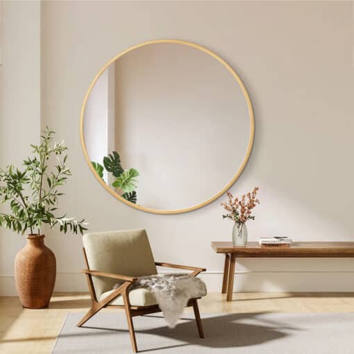 Round Solid Wood Wall Mirror 100cm Log Colour Frame Decorative  Living Room Accent - Image 2