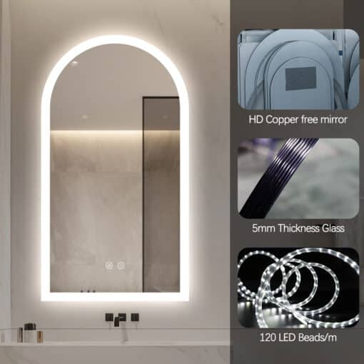 Arched LED Bathroom Mirror 100cm x 75cm Frameless Frosted Dimmable Anti Fog Defogger - Image 7