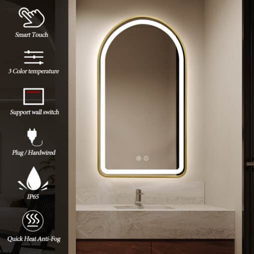 Arched LED Gold Frame Wall Mirror 100cm x 75cm Frosted Defogger Dimmable Vanity - Image 7