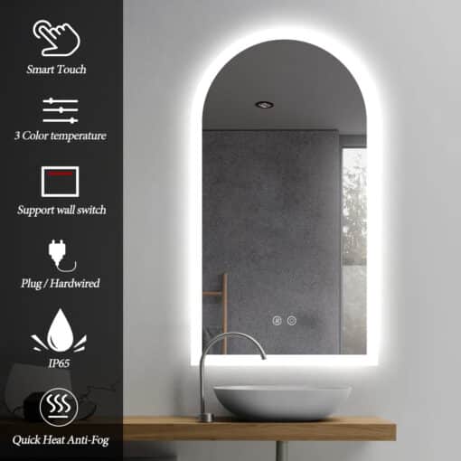 Arched LED Bathroom Mirror 90cm x 50cm Frameless Frosted Dimmable Anti Fog Defogger - Image 3